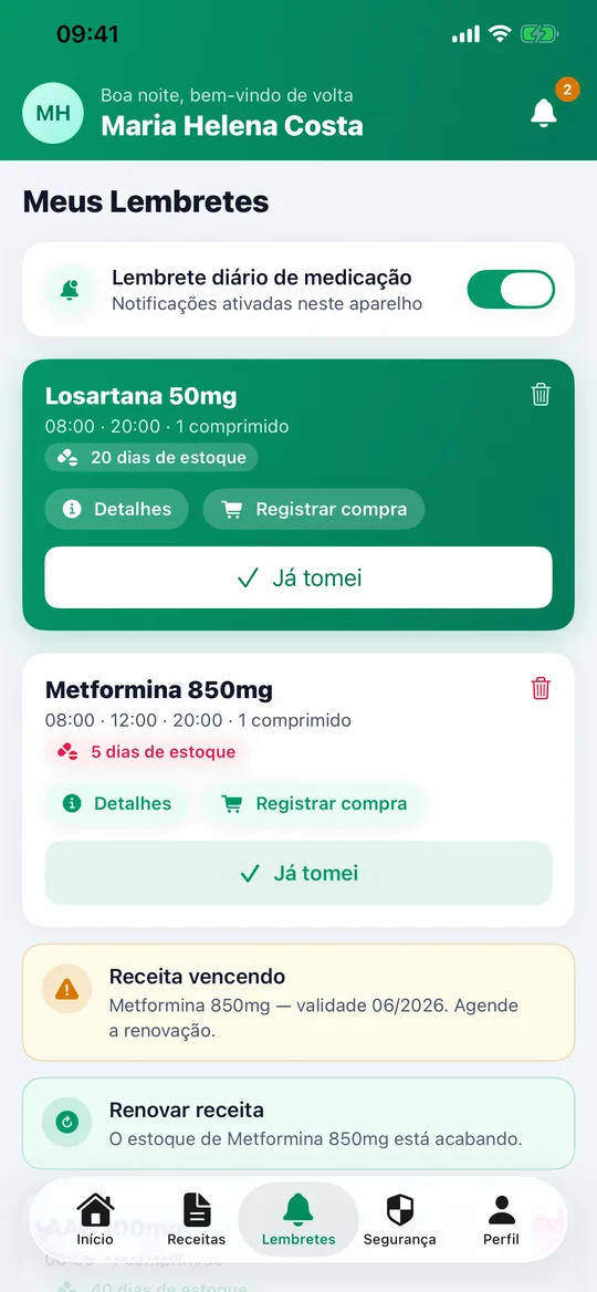 Tela de lembretes de remédio com confirmação e controle de estoque