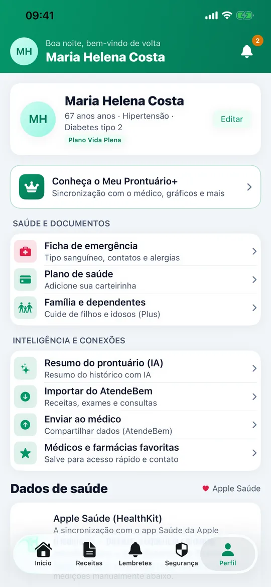 Perfil com família, plano de saúde, médico e Apple Saúde